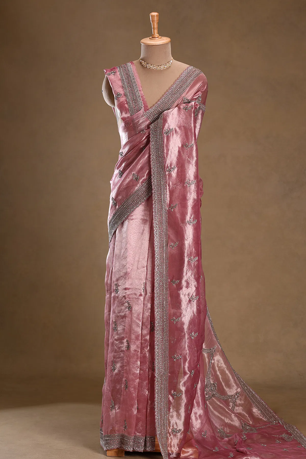 Candy pink zardosi embroidered tissue